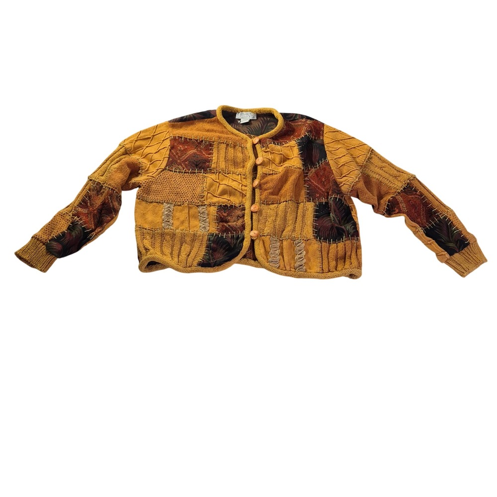 Sandy Starkman Patchwork Cardigan Womens Large Yellow Boho Retro Cozy READ